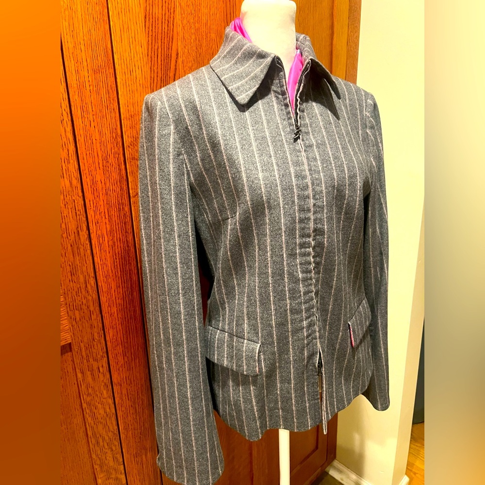 Sonia Bogner Zip Jacket 🩶💓 Grey Pink Pinstripe Fuchsia with Scarf Lined Size 8